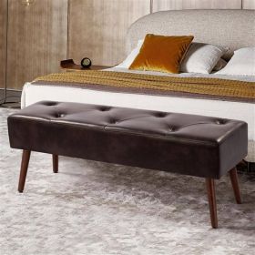 Mid-Century Bed Bench with Leather Upholstered Seat Solid Wood Legs (Color: Dark Brown)
