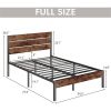 Modern Farmhouse Metal Platform Bed Frame with Brown Wood Headboard
