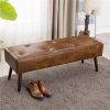 Mid-Century Bed Bench with Leather Upholstered Seat Solid Wood Legs