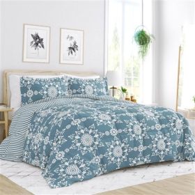 3-Piece Blue and White Reversible Floral Striped Comforter Set (size: FULL/QUEEN)