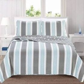 Coastal Starfish Sand Dollar Grey Blue White Quilt Set (size: FULL/QUEEN)