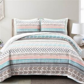 Scandinavian Chevron Teal White Orange Reversible Cotton Quilt Set (size: KING)