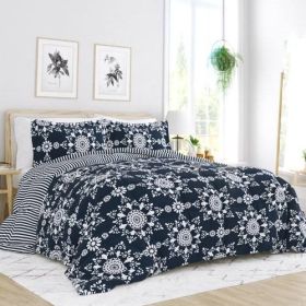 3-Piece Navy Blue White Reversible Floral Striped Comforter Set (size: FULL/QUEEN)