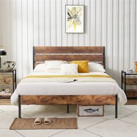 Industrial Platform Bed Frame with Brown Wood Slatted Headboard Footboard (size: Full)