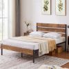 Industrial Platform Bed Frame with Brown Wood Slatted Headboard Footboard