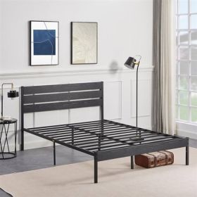 Industrial Platform Bed Frame with Wood Slatted Headboard in Black (size: Full)