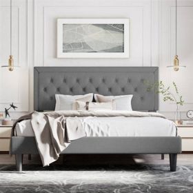 Dark Grey Linen Upholstered Platform Bed with Button-Tufted Headboard (size: Full)