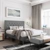 Dark Grey Linen Upholstered Platform Bed with Button-Tufted Headboard