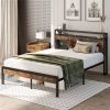 Industrial Platform Bed Frame with Storage Headboard and Power Outlets