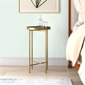 Gold Finish Metal Round End Table Nightstand with  Removable Tray Top (Color: Black)