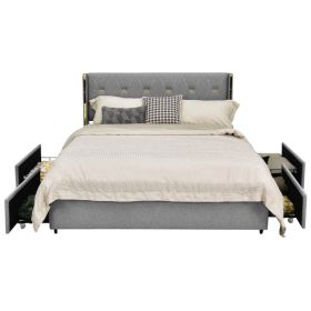 Full Size Linen Headboard 4 Drawer Storage Platform Bed (Color: Gray/Gold)