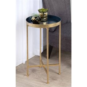 Gold Finish Metal Round End Table Nightstand with  Removable Tray Top (Color: Blue)