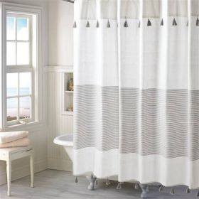 72-inch Stripes Cotton Shower Curtain with Tassels (Color: Gray/White)