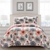 Coral Grey Flowers Lightweight Polyester Microfiber Quilt Set