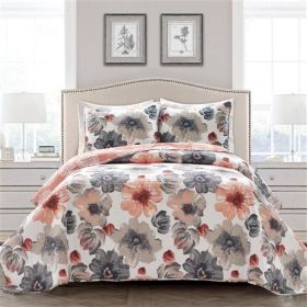 Coral Grey Flowers Lightweight Polyester Microfiber Quilt Set (size: KING)