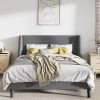 Grey Linen Blend Upholstered Platform Bed with Wingback Headboard