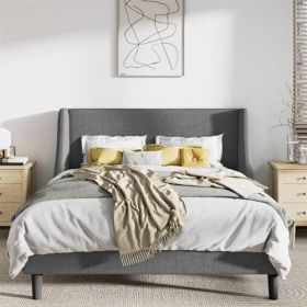 Grey Linen Blend Upholstered Platform Bed with Wingback Headboard (size: KING)
