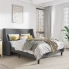 Grey Linen Blend Upholstered Platform Bed with Wingback Headboard