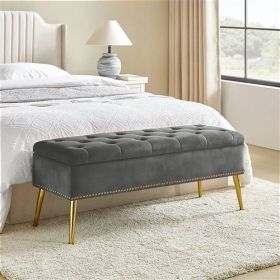 Mid-Century Modern Bed Storage Bench with Velvet Seat and Gold Legs (Color: Gray)