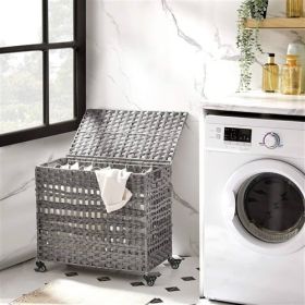 PP Rattan 3-Basket Laundry Hamper Sorter Cart with Removable Cotton Bags (Color: Gray)