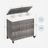 Handwoven PP Rattan 3-Bag Laundry Basket Cart with Cotton Liner on Wheels