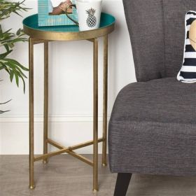 Gold Finish Metal Round End Table Nightstand with  Removable Tray Top (Color: Teal)