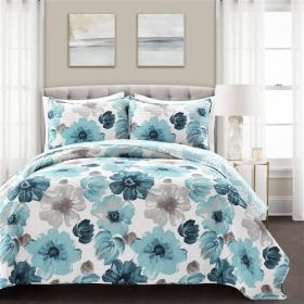 Blue Grey Flowers Lightweight Polyester Microfiber Quilt Set (size: KING)