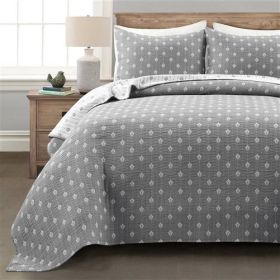 3-Piece Reversible Cotton Yarn Woven Quilt Set in Grey and White (size: KING)