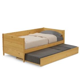 Twin size Solid Wood Daybed with Roll Out Trundle Bed Frame (Color: Light Yellow Brown)