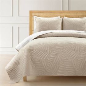 Lightweight Fern Leaf Reversible 3-PC White Beige Cotton Quilt Set (size: FULL/QUEEN)