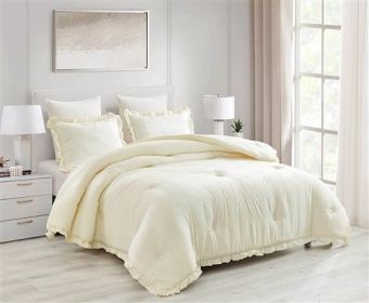 Ivory Microfiber 3-Piece Comforter Set with Ruffled Edge Trim (size: Full)