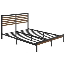 Metal Platform Bed Frame with Bamboo Wood Slat Headboard and Footboard (size: QUEEN)