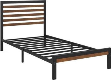 Metal Platform Bed Frame with Bamboo Wood Slat Headboard and Footboard (size: TWIN)