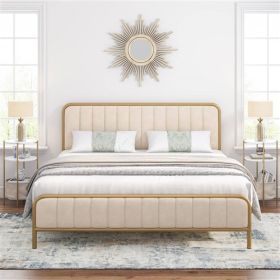 Gold Metal Platform Bed Frame with Off-White Upholstered Headboard (size: KING)