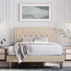 Adjustable Height Platform Bed Frame with Beige Upholstered Headboard (size: KING)