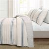 Blue Off-White Cream Stripe 3 Piece Reversible Cotton Quilt Set