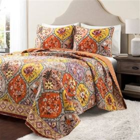 Boho Floral Lightweight Cotton Orange Mauve 3-Piece Quilt Set (size: KING)