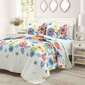 Lightweight Floral Navy Blue Coral White 3-Piece Polyester Quilt Set (size: KING)