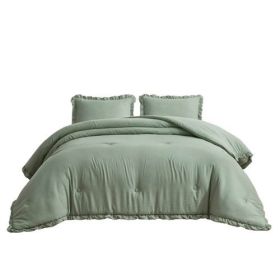 Oversized Sage Microfiber 3-Piece Comforter Set with Ruffled Edge Trim (size: KING)