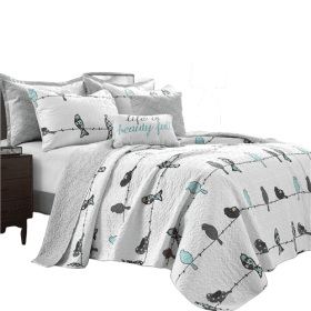 Blue Grey Birds On Wire Lightweight 7 PCS Quilt Set (size: KING)
