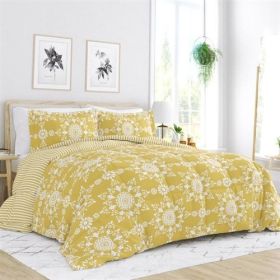 Yellow White Reversible Floral Striped Comforter Set (size: KING)