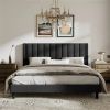 Modern Black Velvet Upholstered Platform Bed with Headboard