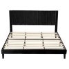 Modern Black Velvet Upholstered Platform Bed with Headboard
