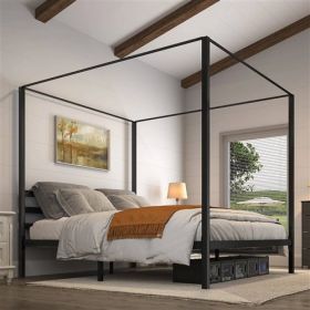 Modern Four Poster Metal Canopy Bed in Black Finish (size: KING)