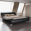 Modern Black Upholstered Platform Bed Frame with Sleigh Curved Headboard