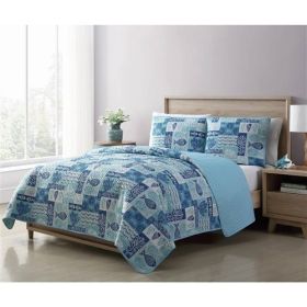 Aqua Blue Cream Beach Sea Shells Coral Fish Coastal 3-Piece Quilt Set (size: KING)