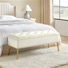 Mid-Century Modern Bed Storage Bench with Velvet Seat and Gold Legs (Color: Ivory)