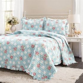 Vintage Rose Ruffle Edge Light Quilt Set in Blue White and Pink (size: FULL/QUEEN)