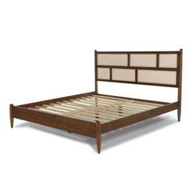Hardwood Platform Bed Frame with Cane Paneling Headboard in Walnut (size: KING)