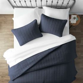 3 Piece Microfiber Farmhouse Coverlet Bedspread Set, Full/Queen (Color: navy)